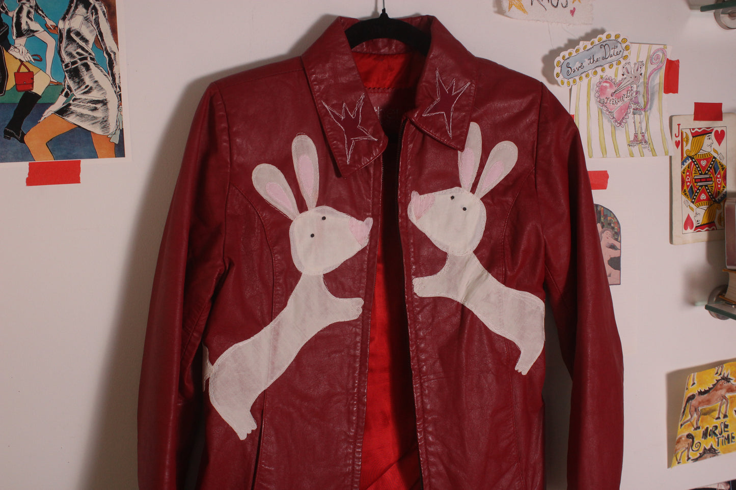 Red leather rabbits n’ stars jacket(XS/S)