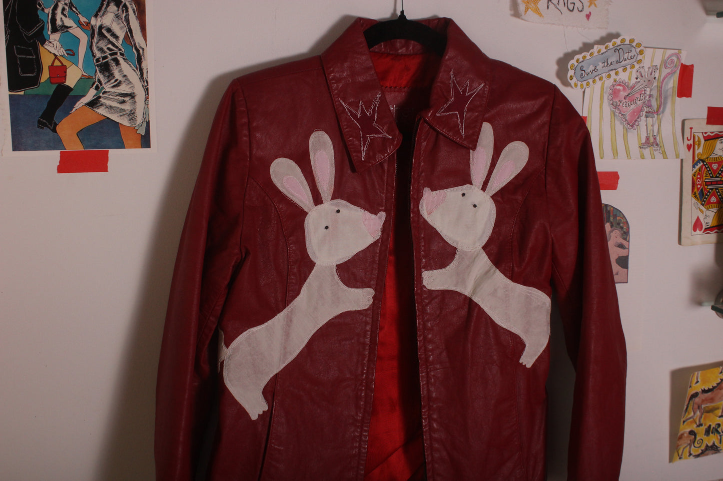 Red leather rabbits n’ stars jacket(XS/S)