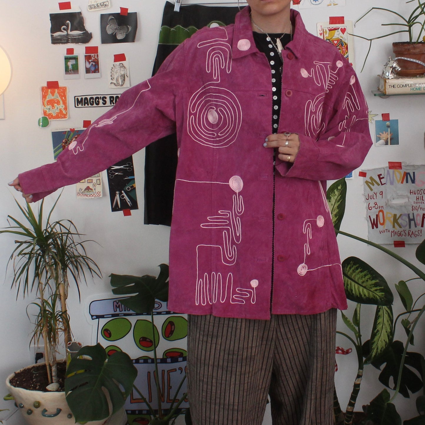Swirly string pink leather jacket(L/XL)