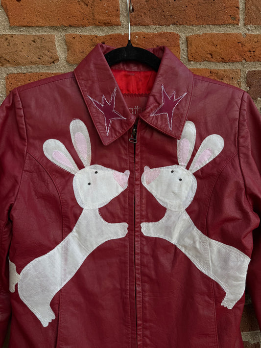 Red Leather n’ white rabbits jacket(XS/Small)