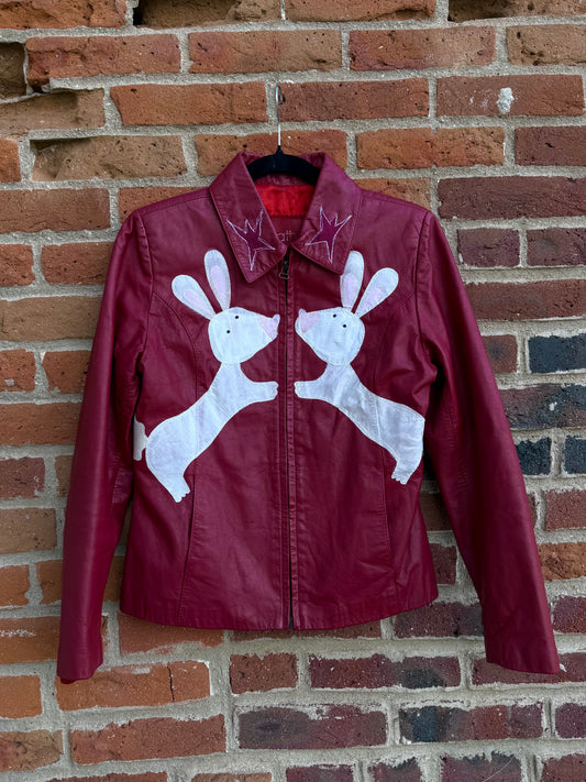 Red Leather n’ white rabbits jacket(XS/Small)