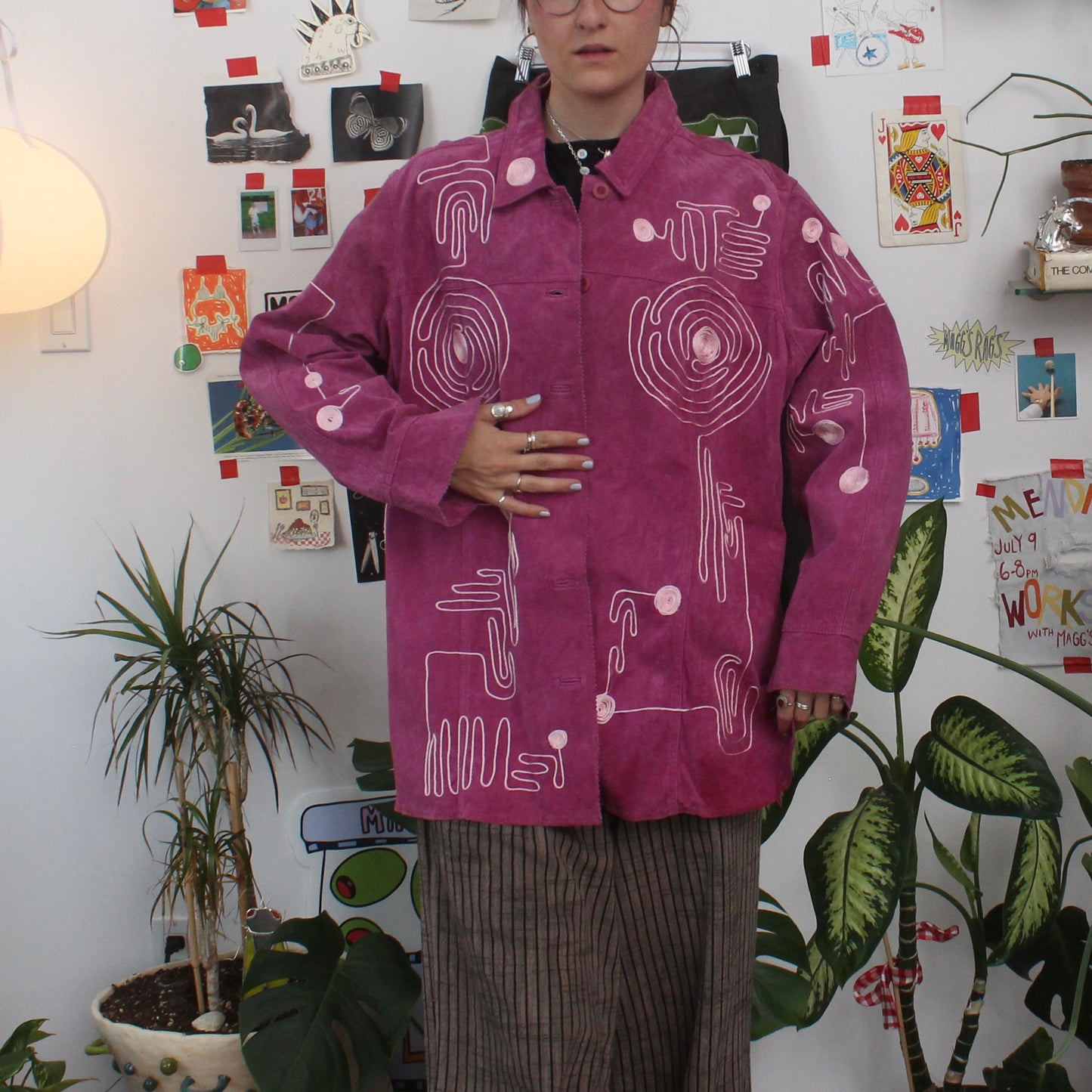 Swirly string pink leather jacket(L/XL)