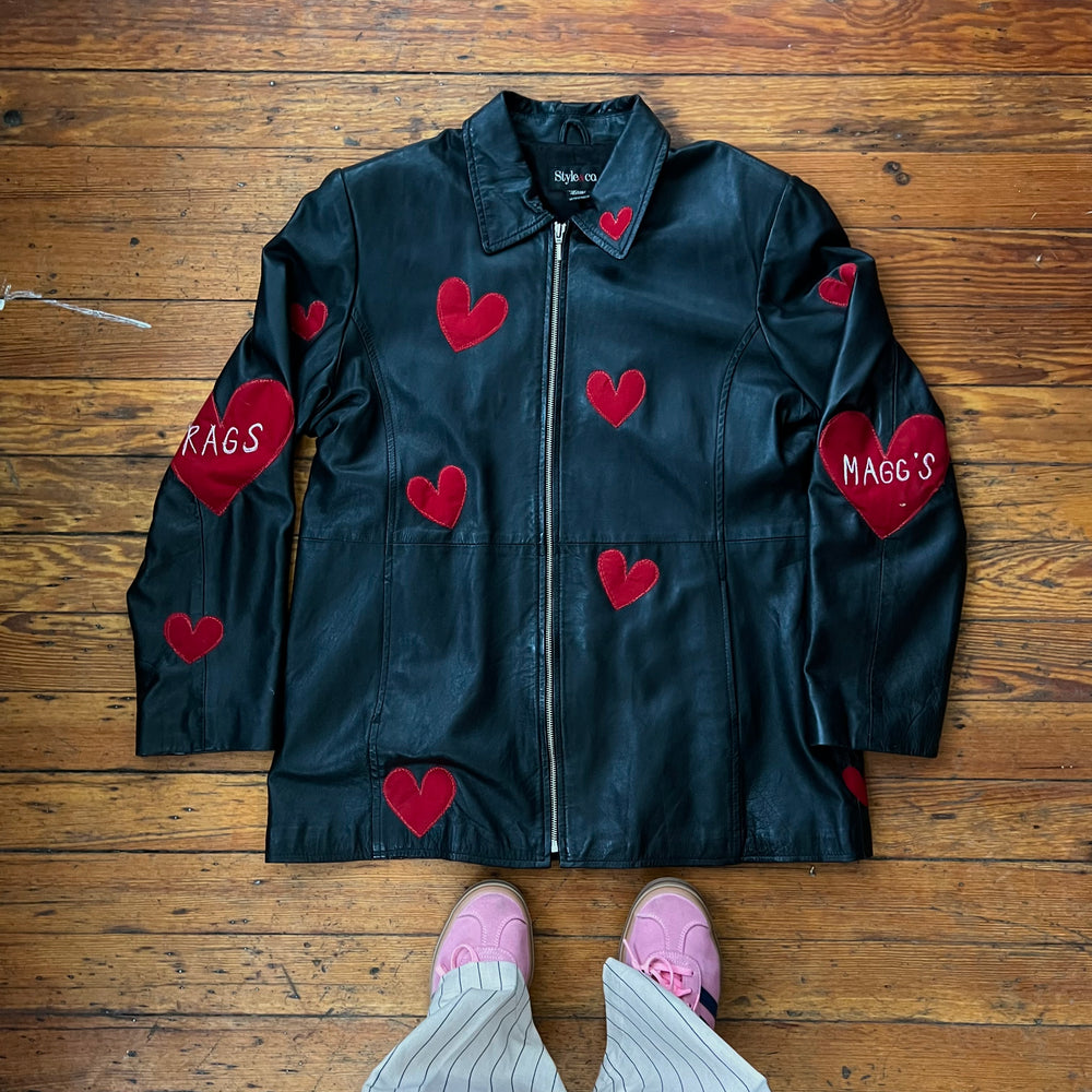 Heart print leather coat